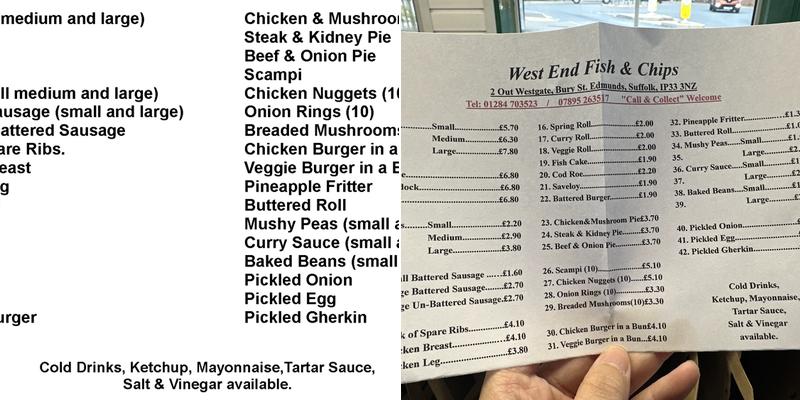West End Fish And Chips Menu
