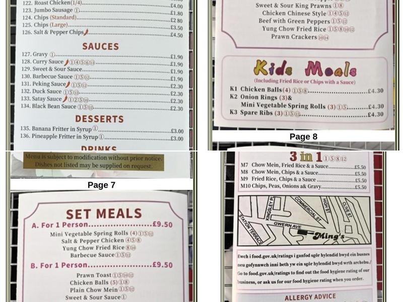 Ming's Takeaway Menu