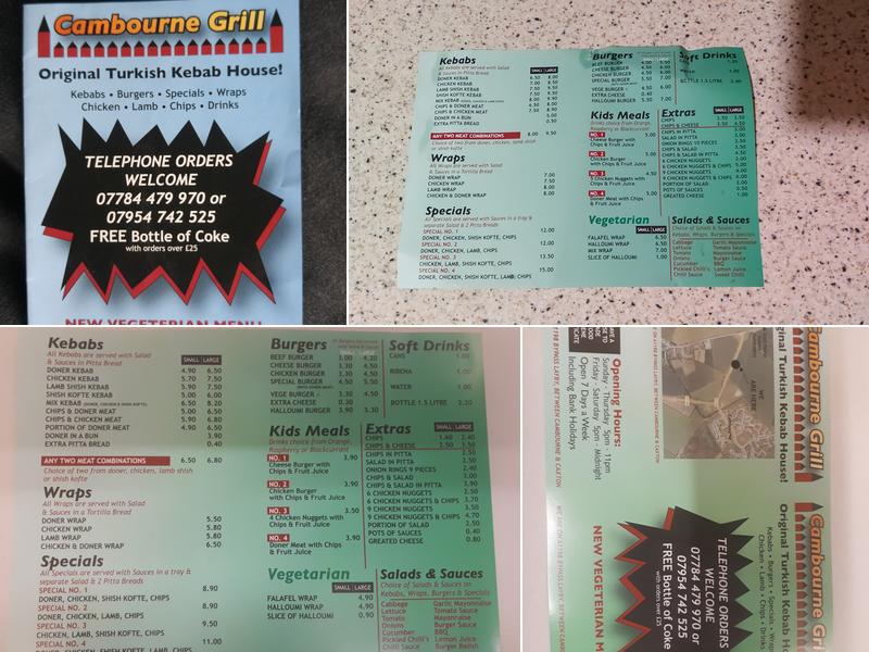 Cambourne Grill kebab Menu