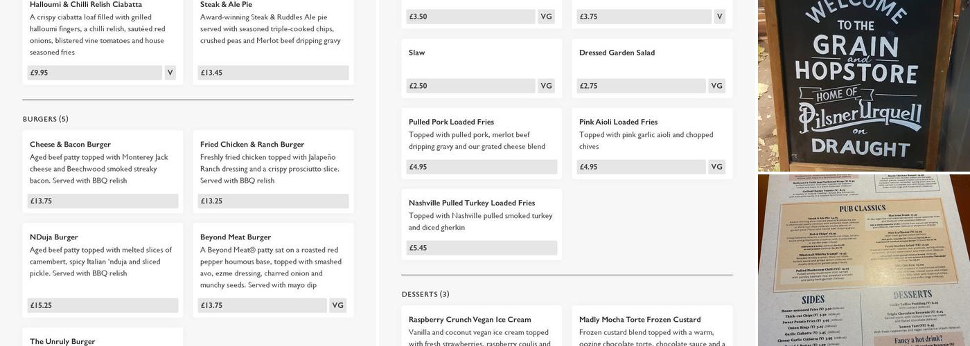 The Grain & Hop Store Menu