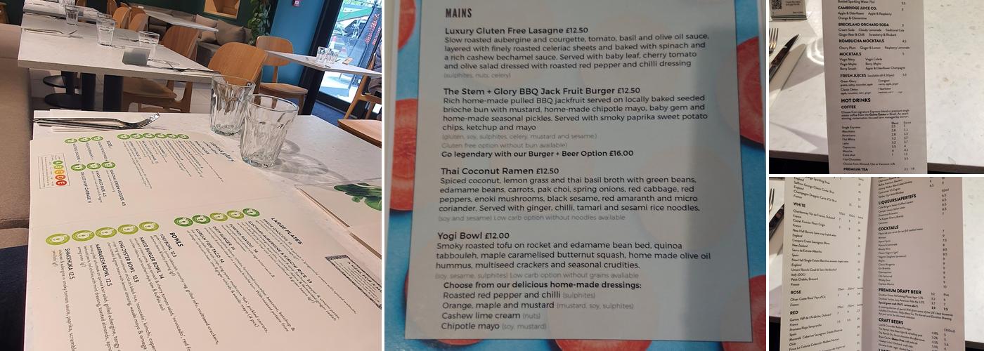 Stem & Glory Cambridge Menu