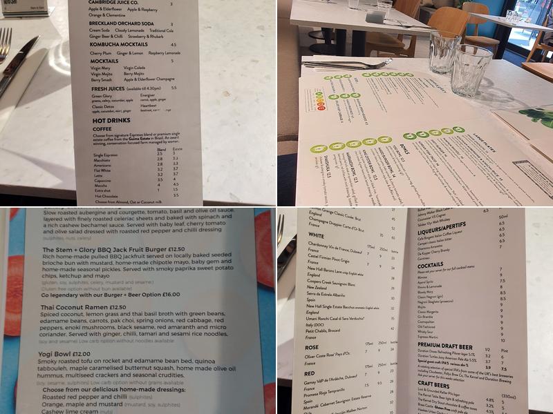 Stem & Glory Cambridge Menu