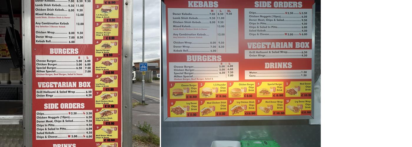 Milton kebab Menu