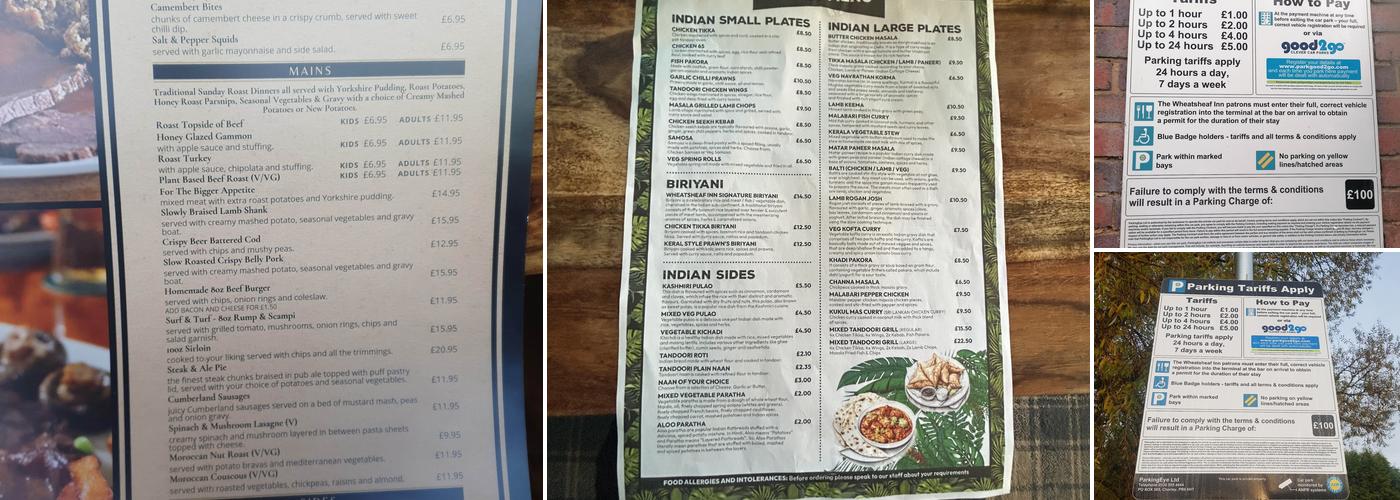 The Wheatsheaf Inn Menu