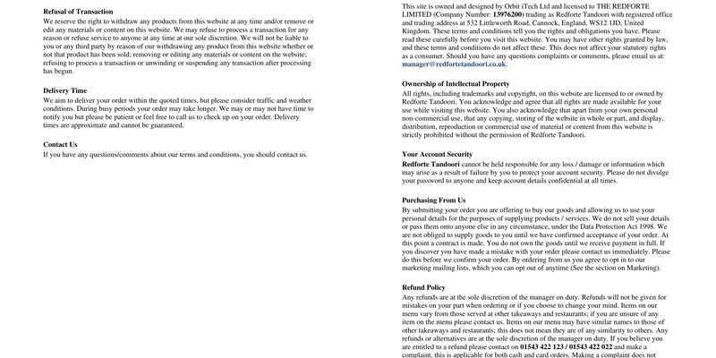 Redfort Tandoori Menu