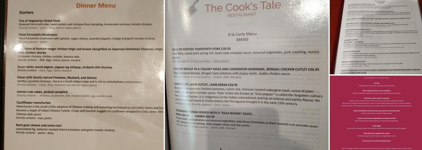 The Cook's Tale Restaurant Menu