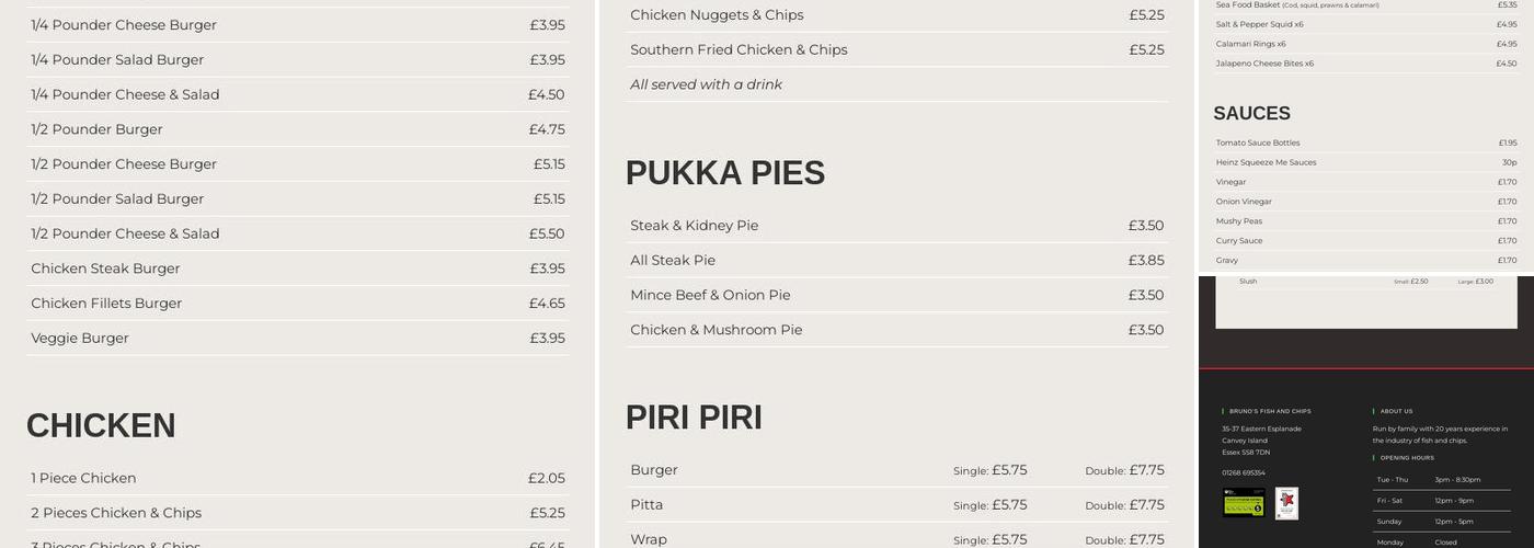 Bruno's fish and chips Menu