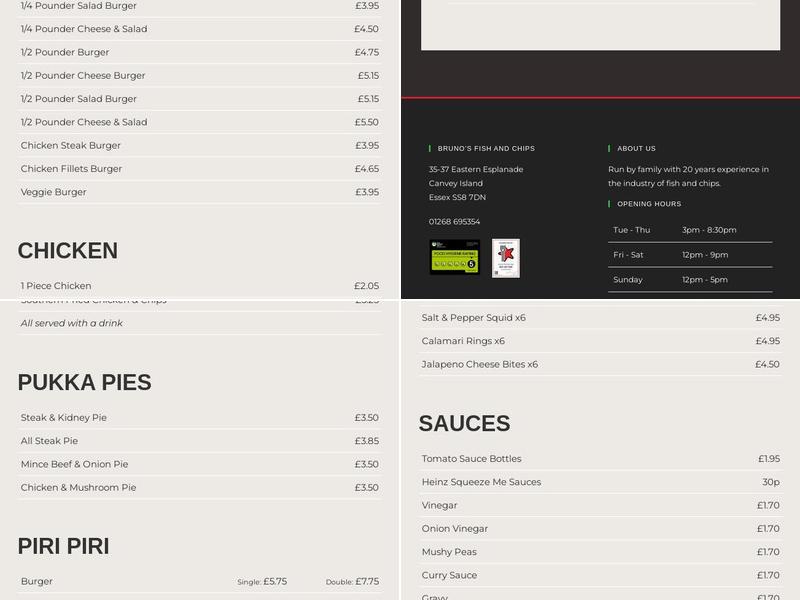 Bruno's fish and chips Menu