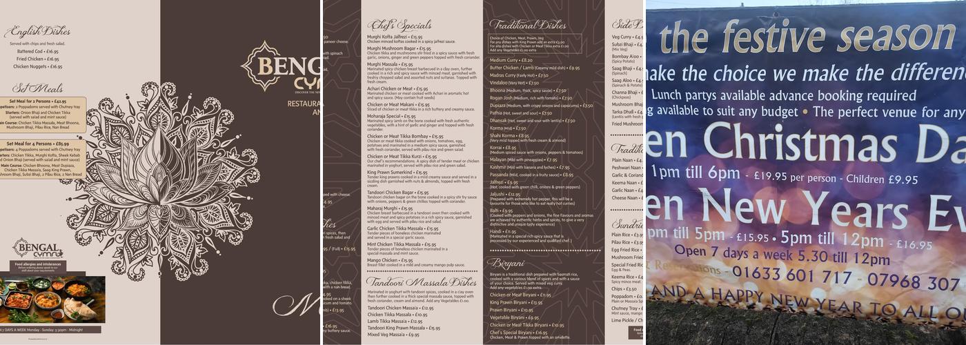 Bengal Cymru Menu