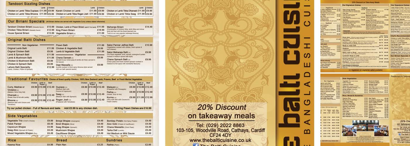 The Balti Cuisine Menu