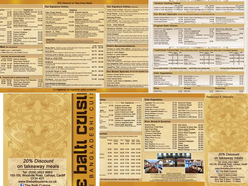 The Balti Cuisine Menu