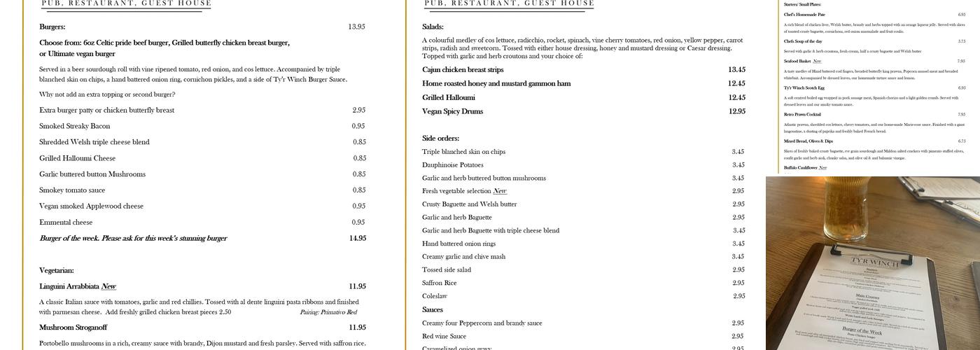 Ty'r Winch pub, restaurant and guest house Menu