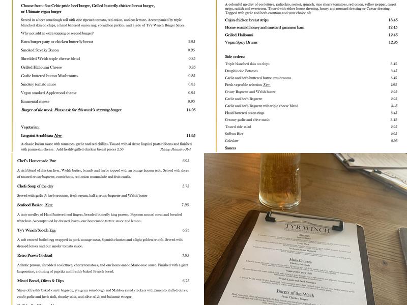 Ty'r Winch pub, restaurant and guest house Menu