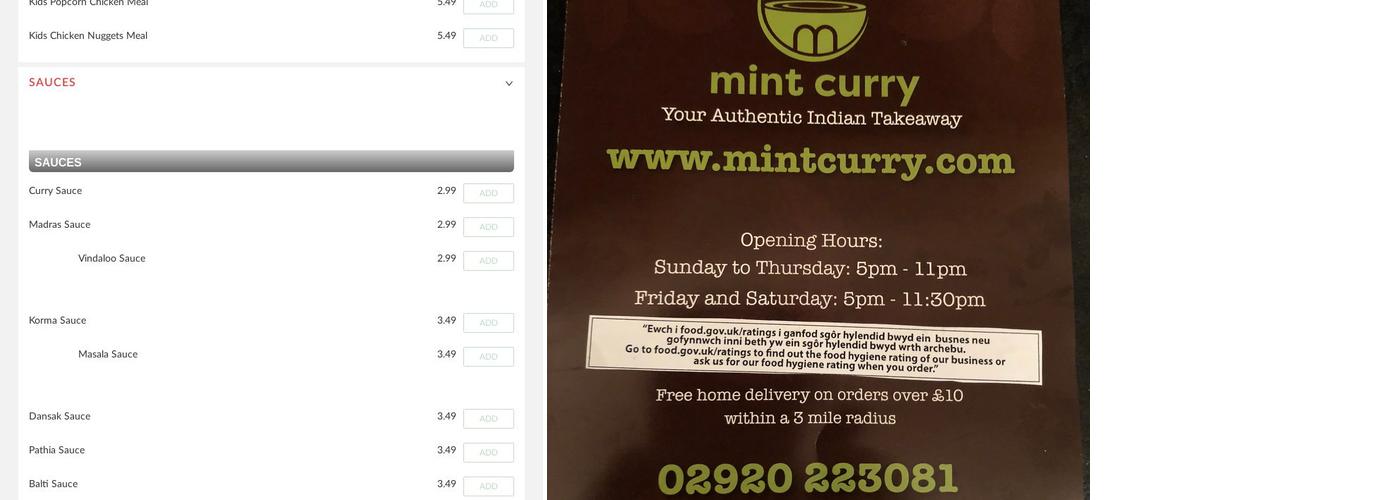 Mint Curry Menu