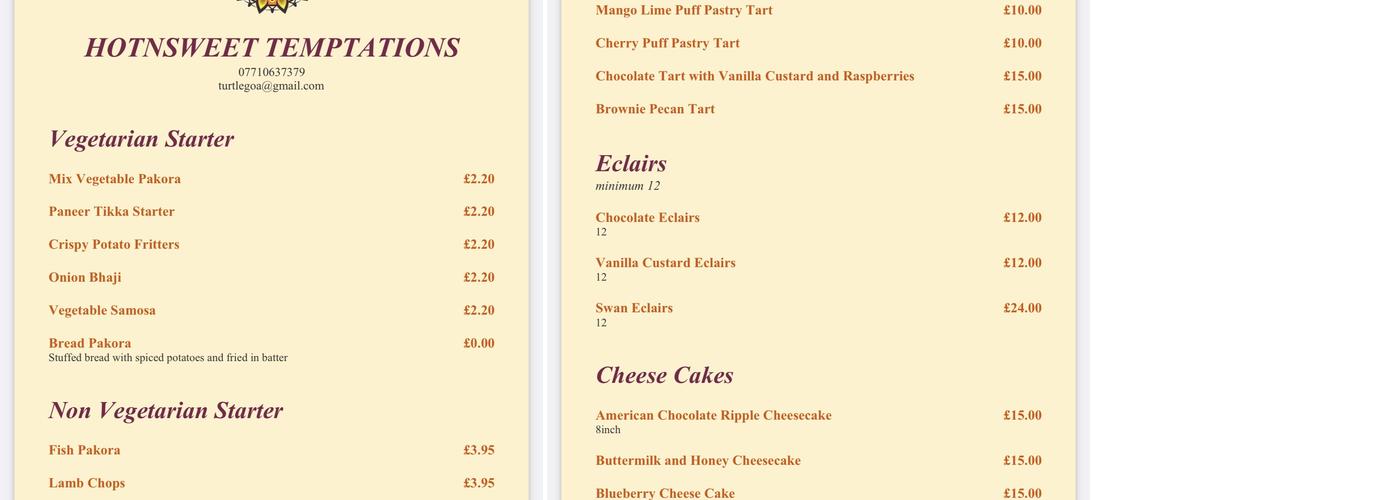 Hot N Sweet Temptations Menu
