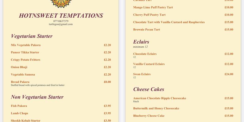 Hot N Sweet Temptations Menu