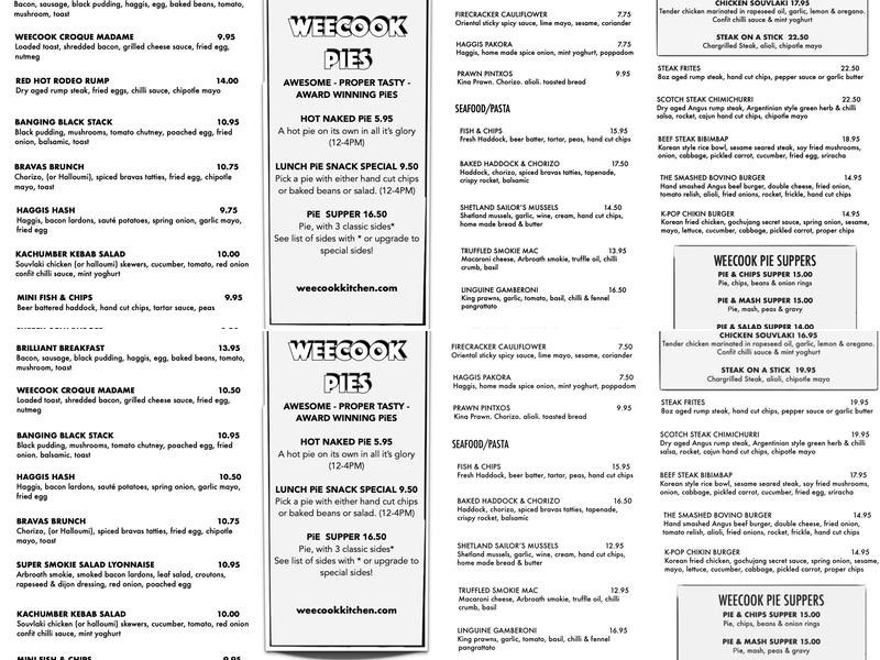 The WeeCOOK kitchen Menu