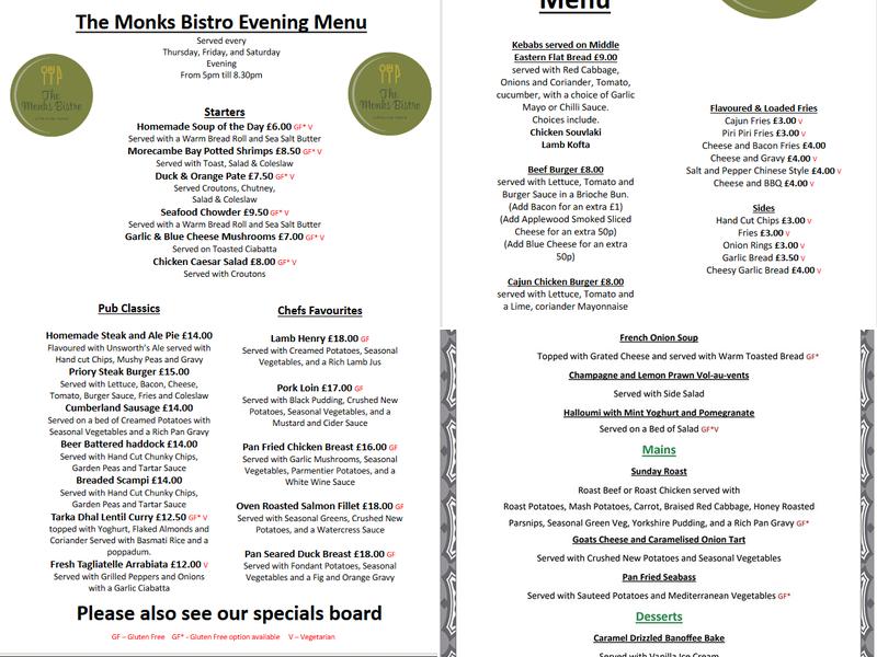 The Monks Bistro Menu