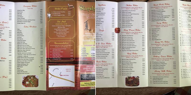 Sunshine Chinese Food Menu