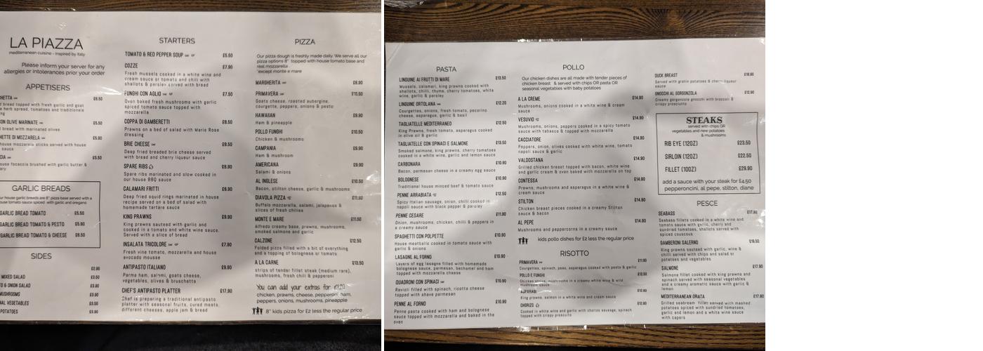 La Piazza Restaurant Menu