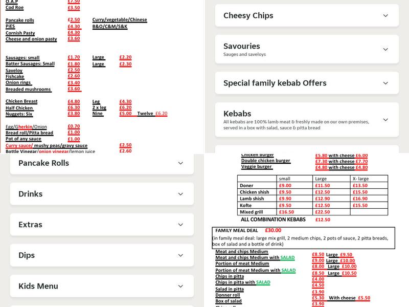 George's Fish Bar and kebabs Menu