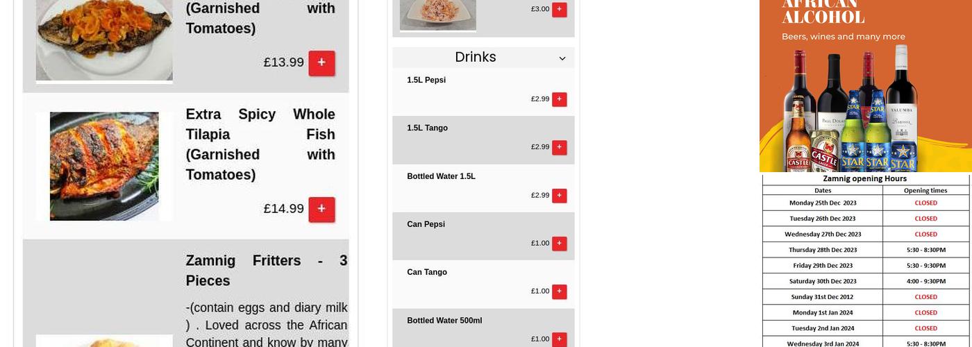 Zamnig Restaurant Medway . A taste of Africa Menu