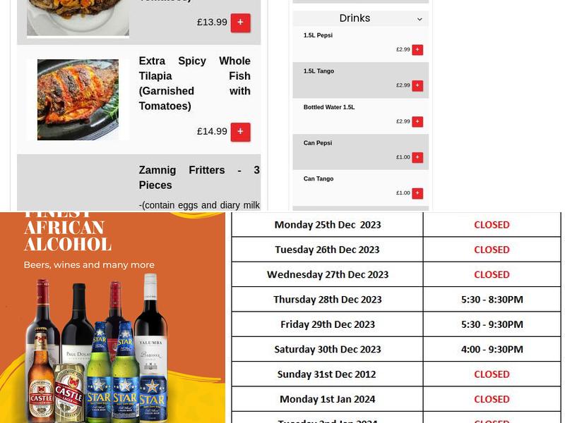 Zamnig Restaurant Medway . A taste of Africa Menu