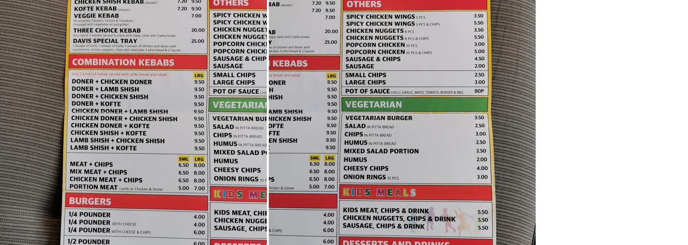 Davis Kebab & Pizza House Menu