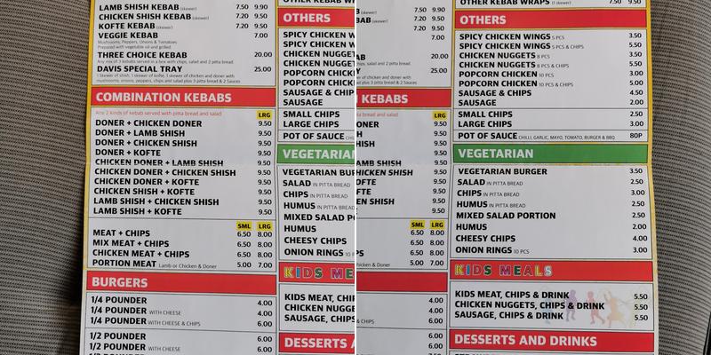 Davis Kebab & Pizza House Menu