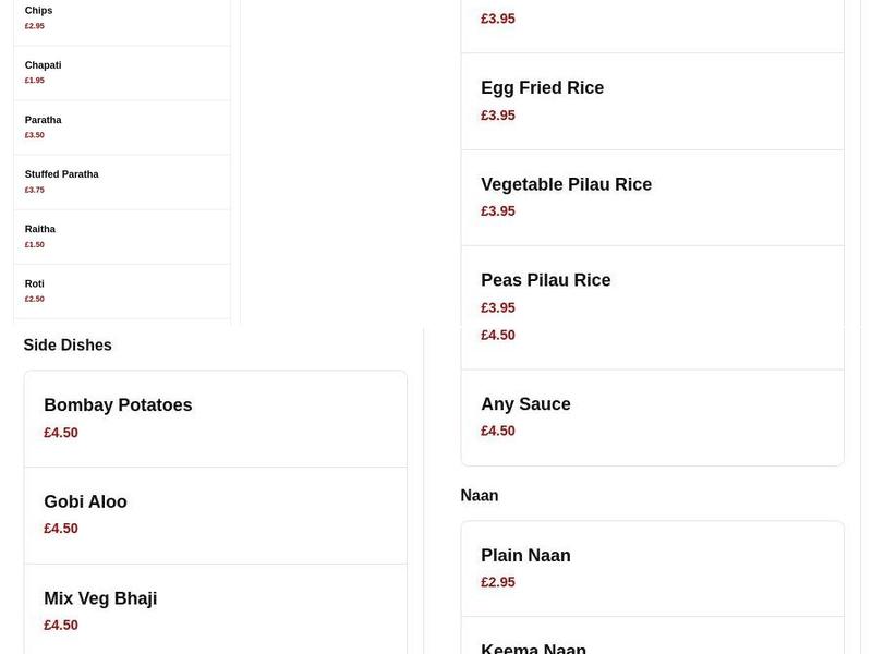 Hannah Indian Takeaway, Cheadle Menu