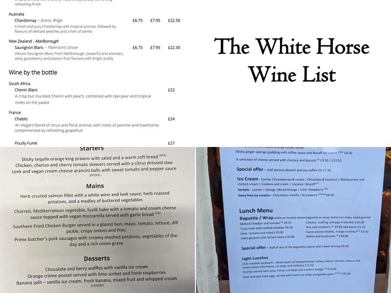 The White Horse Menu