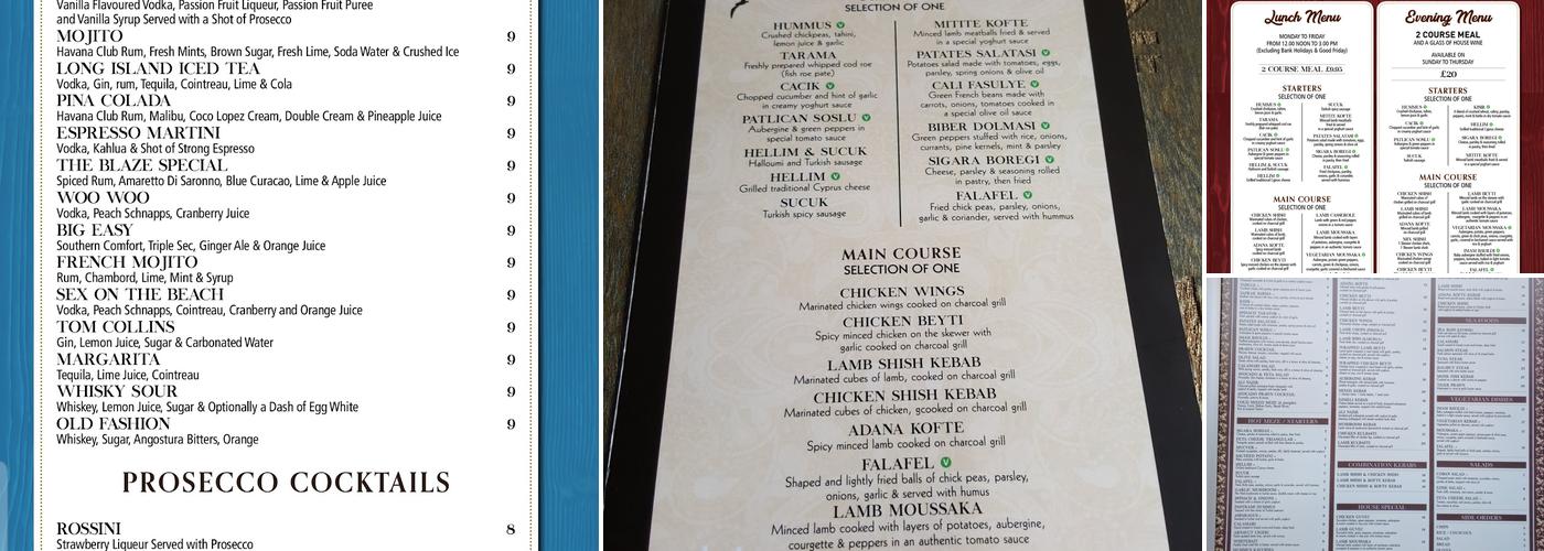 The Blaze Restaurant and Bar Menu