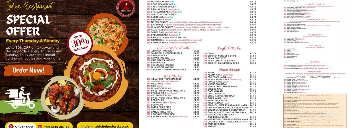 Indian Night Restaurant Menu