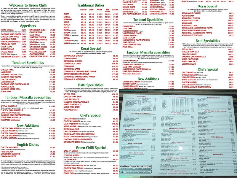 Green Chilli Indian Menu