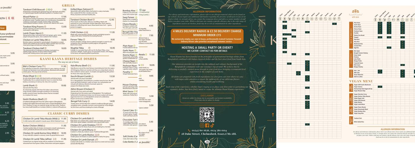 Kaani Kaana - Bangladeshi and Indian Takeaway Chelmsford Menu
