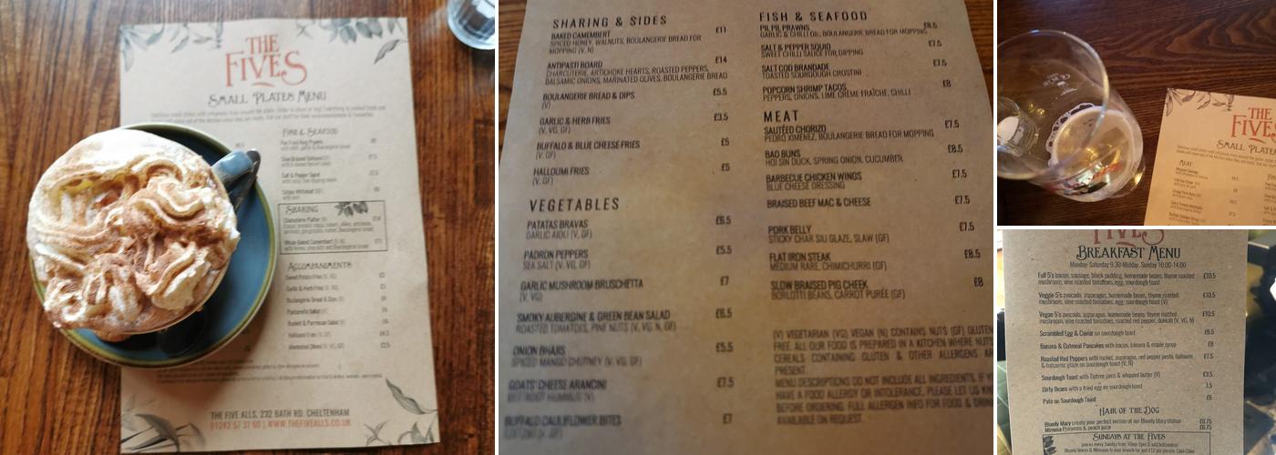 The Five Alls, Cheltenham Menu