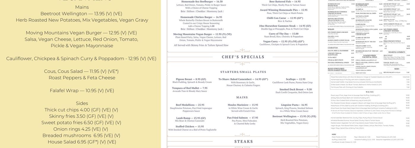 Tailors Eating House Menu