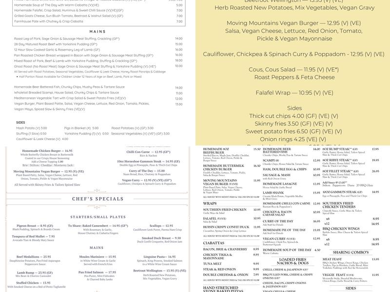 Tailors Eating House Menu
