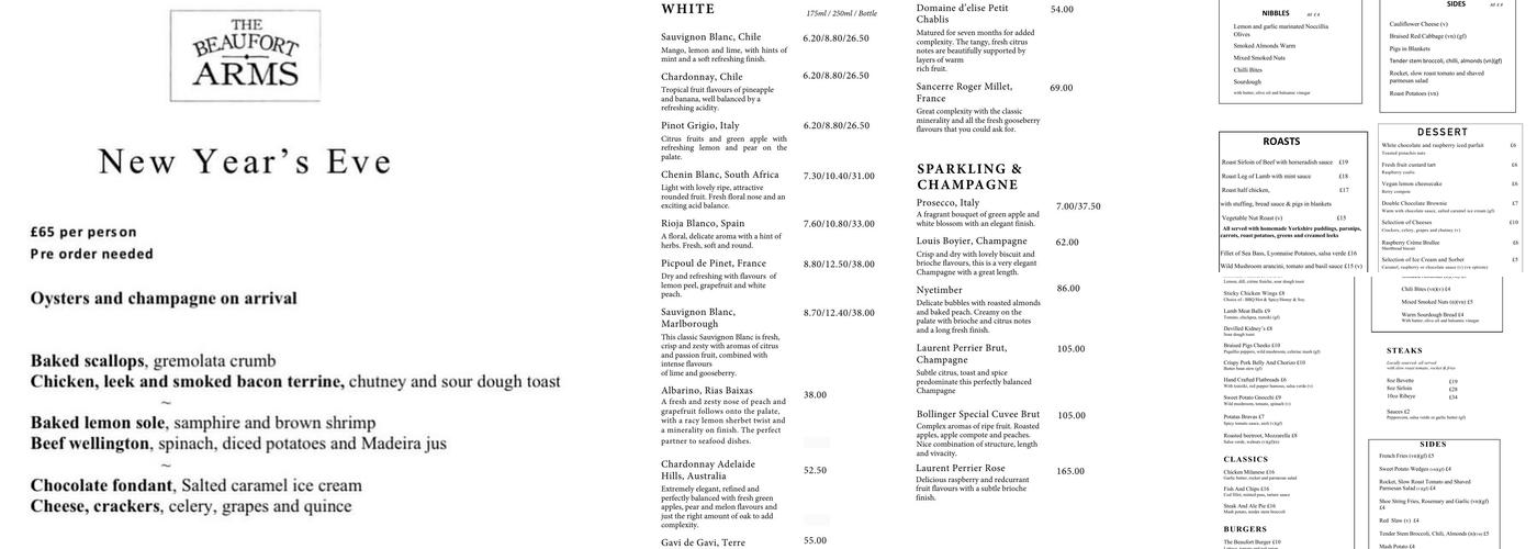 The Beaufort Arms Menu