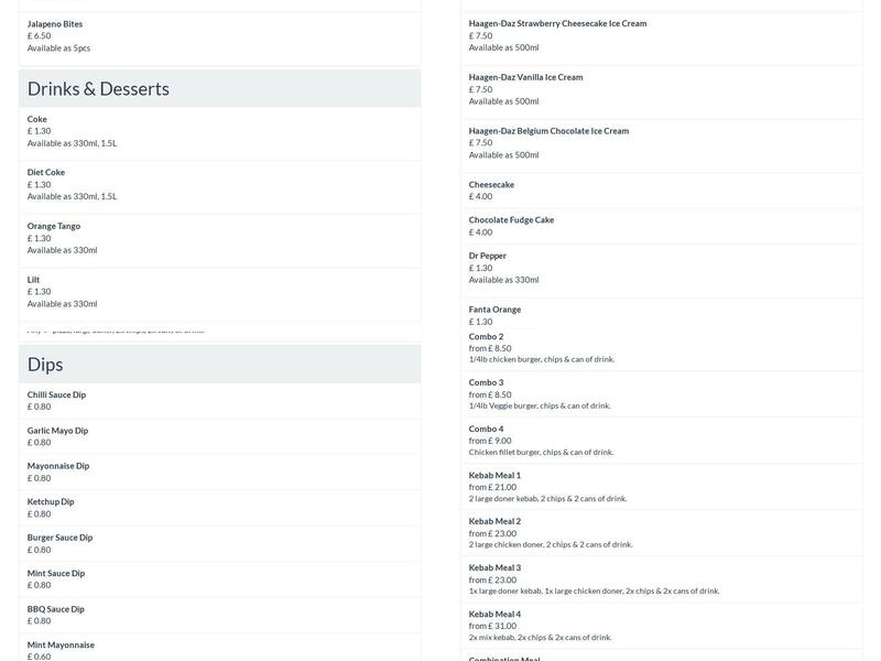 Turkish Doner Kebab (aka Cheltenham Kebab) Menu