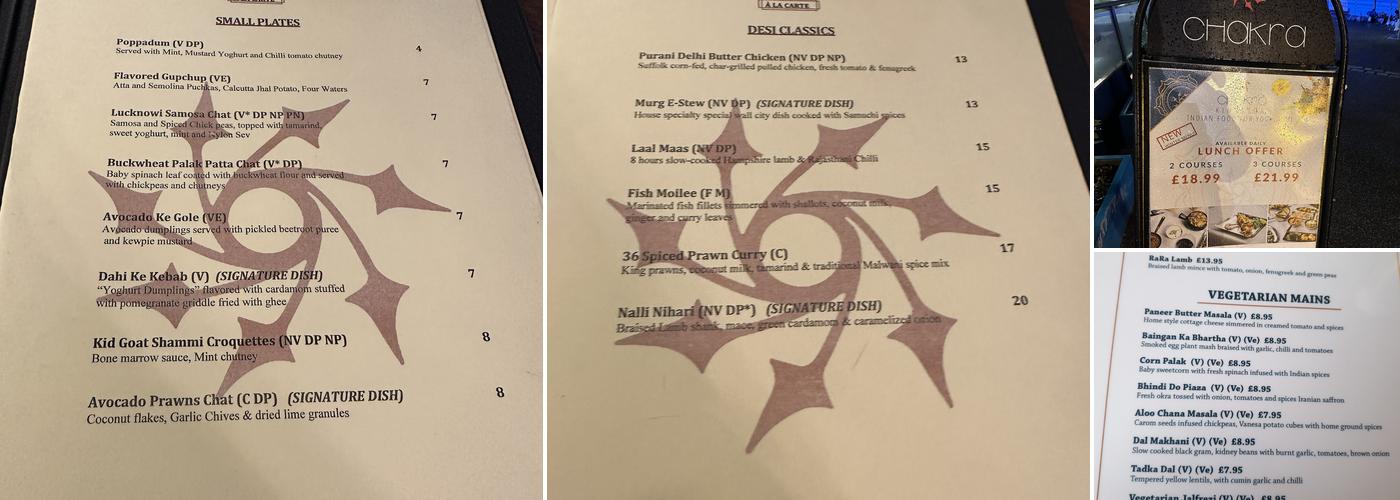 Chakra Indian Restaurant Kingston Riverside Menu