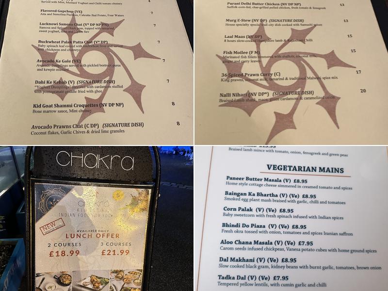Chakra Indian Restaurant Kingston Riverside Menu