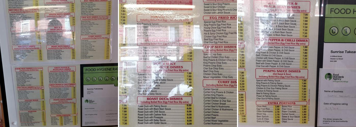 Sunrise Chinese Takeaway Menu