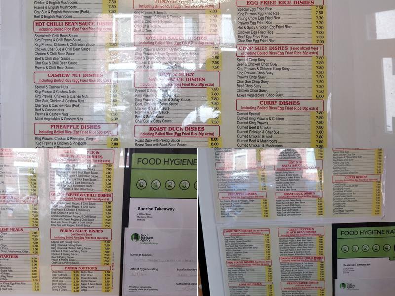 Sunrise Chinese Takeaway Menu