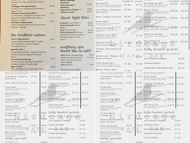 Birdcage at Derby road Menu