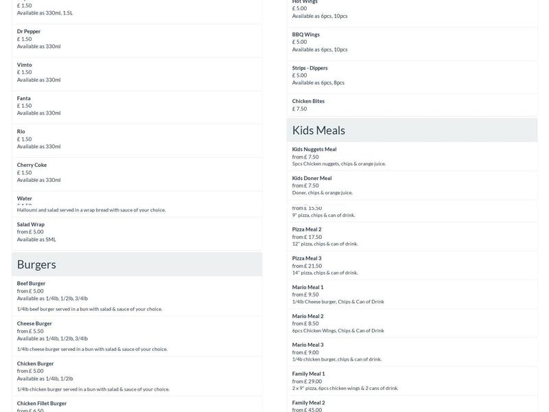 Mario's Chippy Pizza Menu