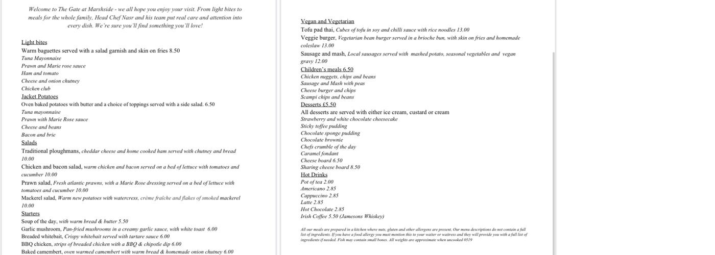Gate Inn Menu