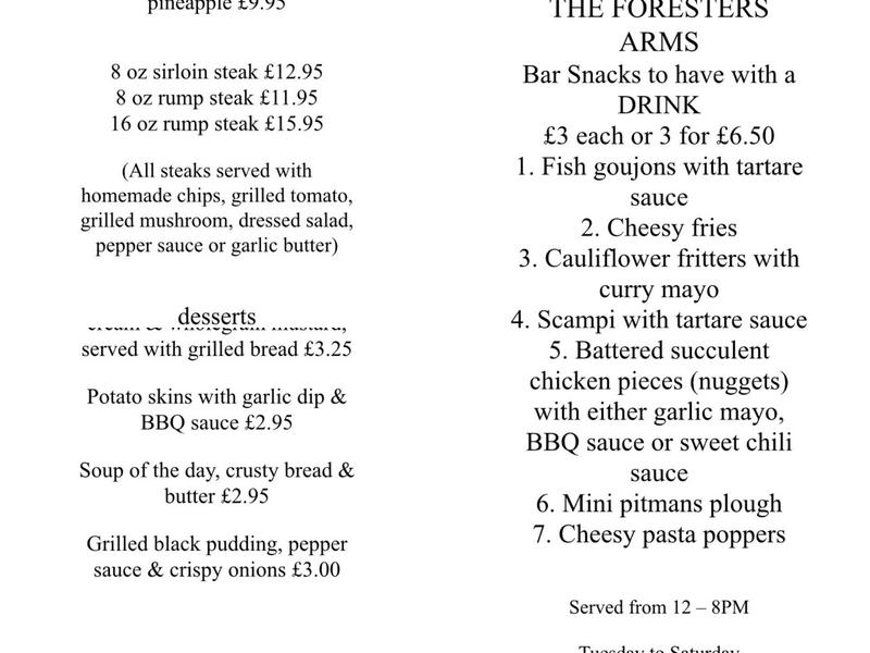 Foresters Arms Menu