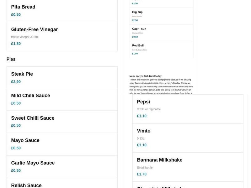 Harry's Fish Bar Chorley Menu