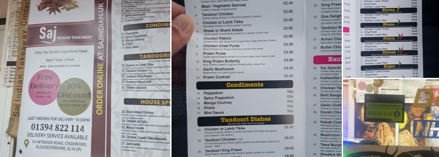 Saj Indian Limited Menu